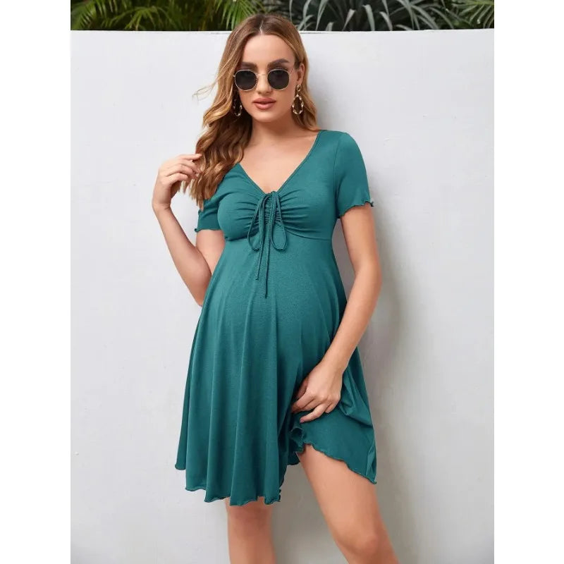 Solid Drawstring Dress - Summer Casual V-Neck Maternity