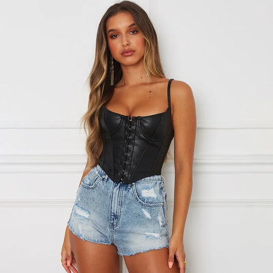 Women Corset Bustier Crop Top Lace-up Bandage Black Gothic Leather Underbust Suspender Cami Vest Waist BodyshaperTank Cummerbund