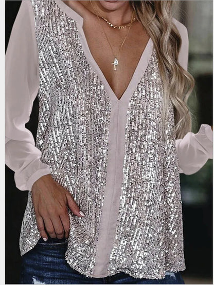 Women Blouse Plus Size V Neck Blouse Casual Loose Sequin Ladies Tops Women Shirt Top Long Sleeve Blouses Womens Tops Blouses