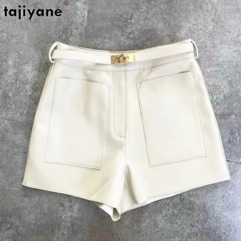 Tajiyane Leather Shorts Women's High Waist Sheepskin