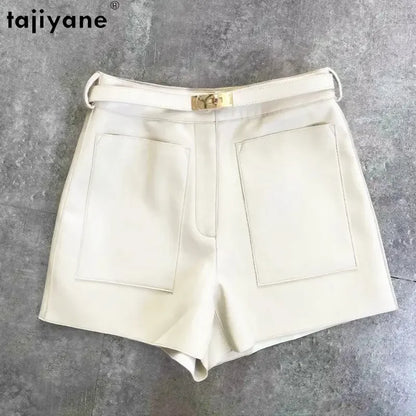 Tajiyane Leather Shorts Women's High Waist Sheepskin