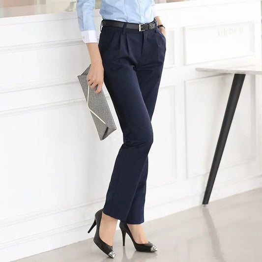 Spring And Autumn Women's Solid Slim High Waisted Straight Leg Pants Button