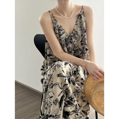 Women's Ink Print V Neck Halter Long Floral Dress Sleeveless