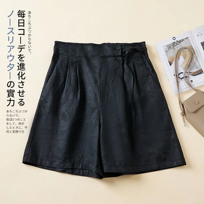 Linen Summer Shorts Solid Elastic High Waist Bandage Biker