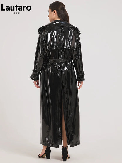 Extra Long Black Patent Leather Trench Coat - Women’s Shiny Reflective Maxi Overcoat