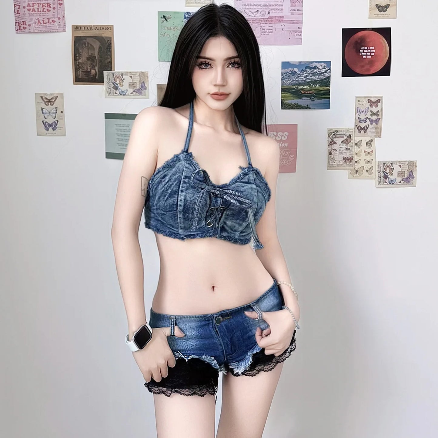 New Nightclub Women's Denim Shorts Lace Ultra-Low Waist Sexy