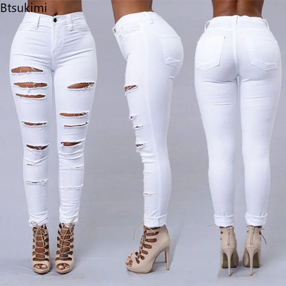 Women's Stretch Skinny Ripped Hole Washed Denim Jeans Pants