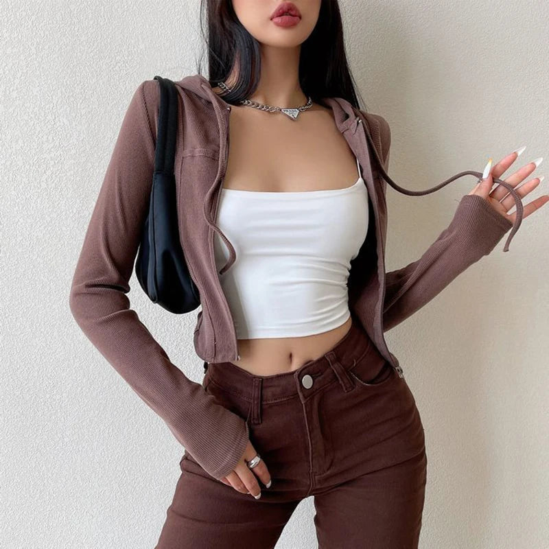 Rimocy Casual Solid Color Hooded Cardigan Women Long Sleeves Y2K Slim Fit Crop Tops Woman 2023 New Zipper Up Streetwear Tees Top