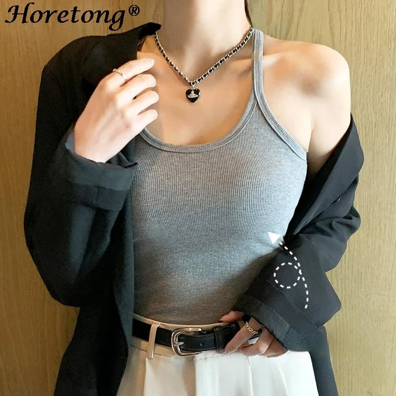 Horetong 2024 Casual Women Halter Crop Tops Summer Sleeveless Camis Sexy Knitted Strap Tank Top Slim Solid Short Female Camis