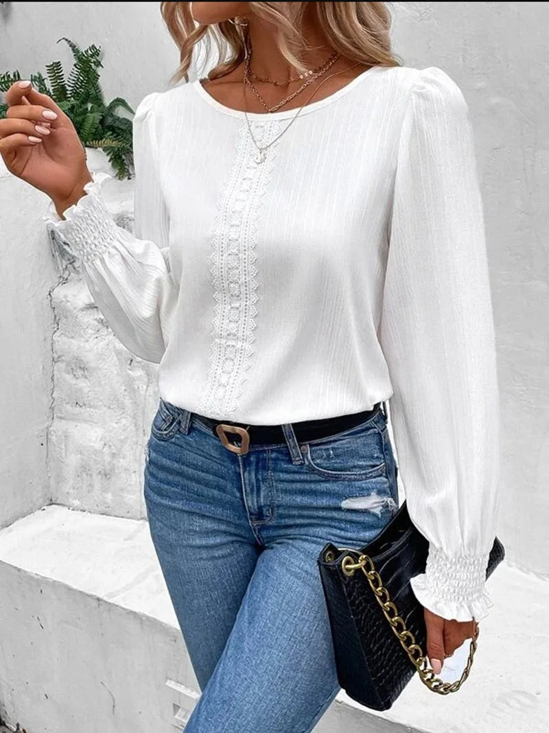 Elegant Women's Long Sleeved Shirt Spring/Summer 2023 Round Neck  Casual Solid Color Blouse Office Lady Clothing S-2XL