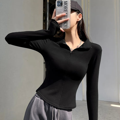 Streetwear Women Long Sleeve T Shirt Early Autumn Solid Slim Fit Turtleneck Shirts Female Zipper Up Y2K Clothes Woman Crop Tops