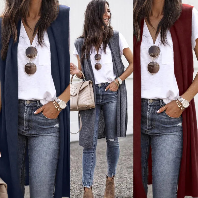 Fashion Women's Casual Knitwear Coat Cardigan Trendy Long Sleeveless Vest Jacket