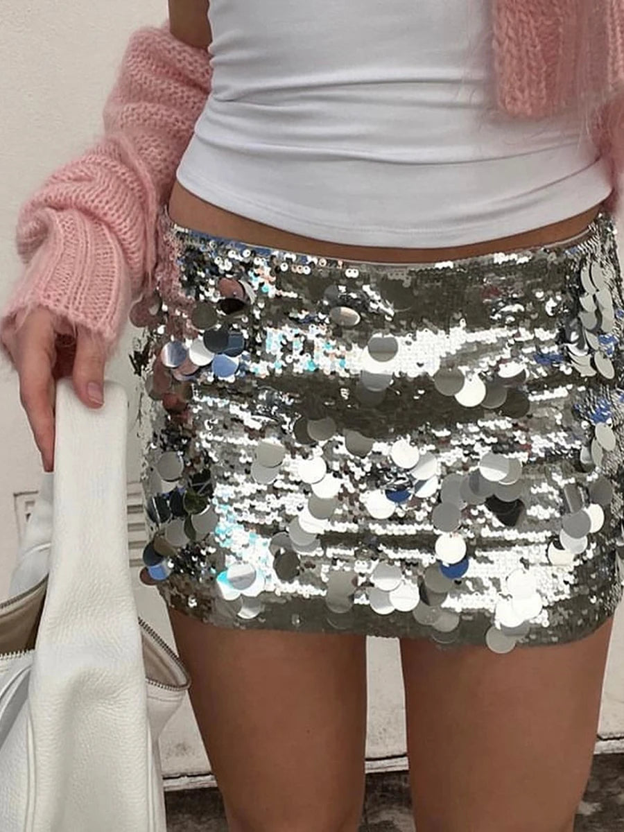 Women's Shiny Sequins Mini Skirt Summer Elastic