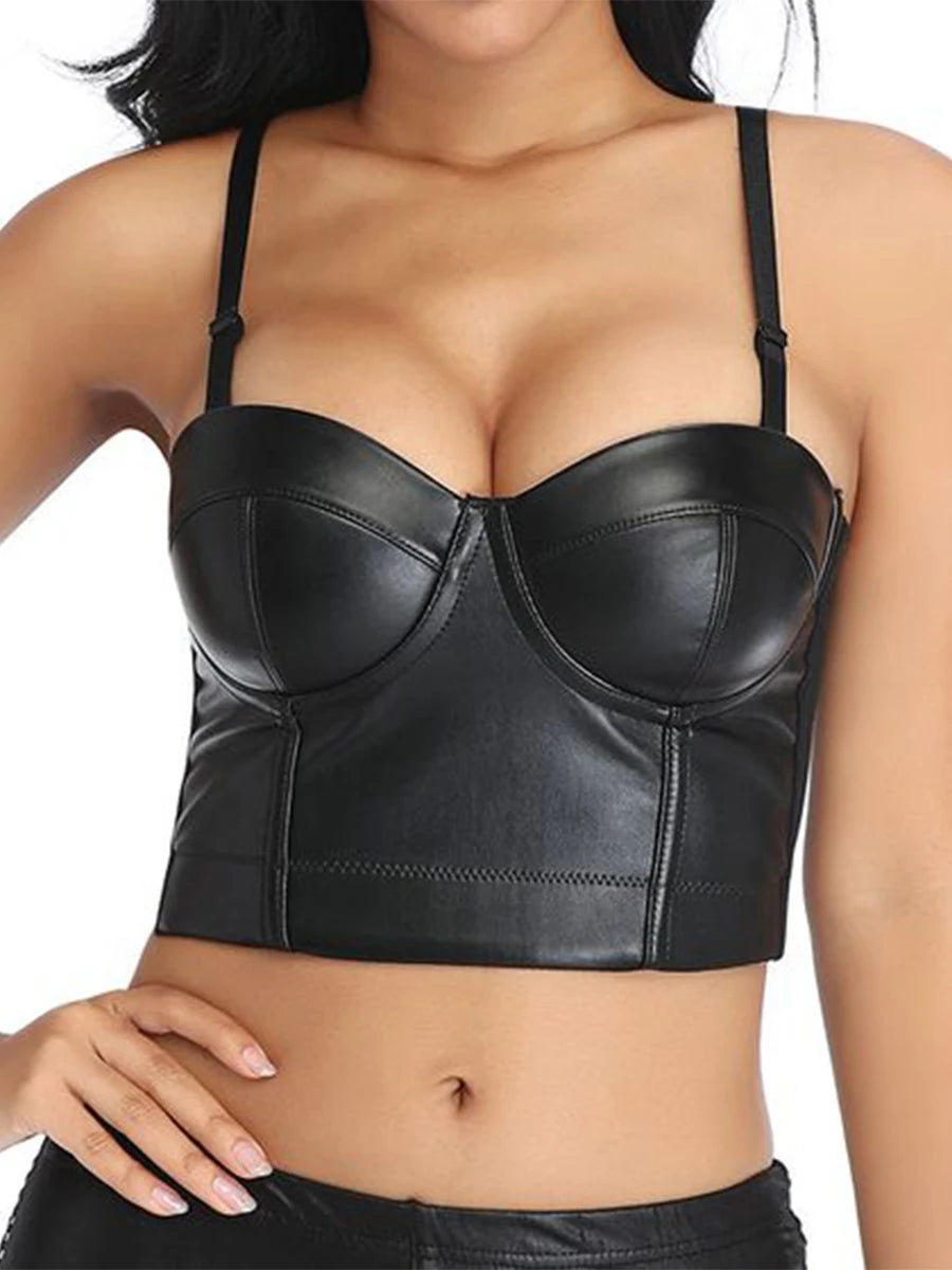 Sexy Stretch Solid PU Leather Look Bustier Crop Corset Top Party Clubwear Body Shaper