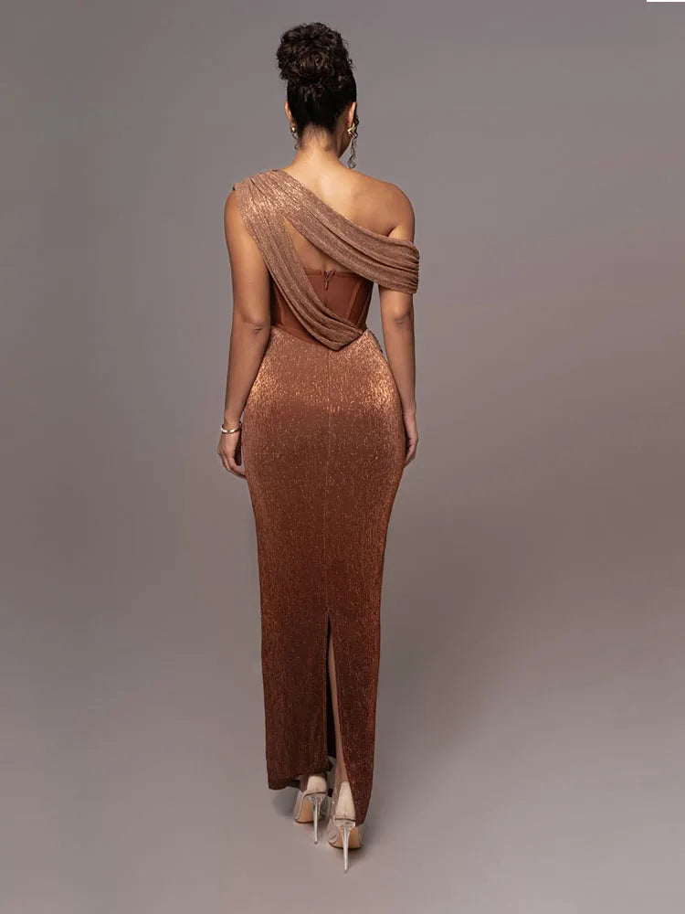 Sexy One Shoulder Draped Glitter Long Dress Women Corset Backless Bodycon Maxi Dress