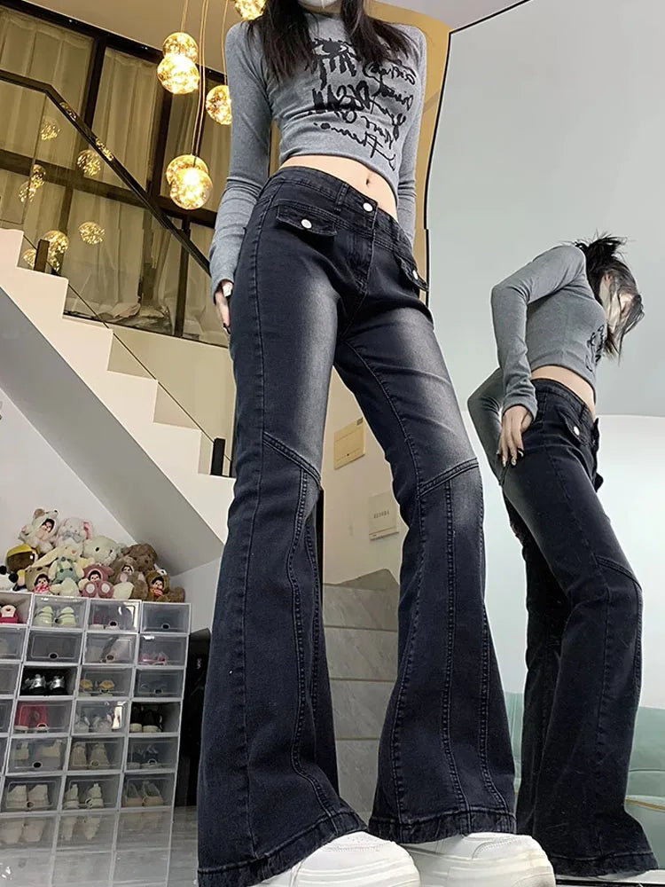 High Quality Office Lady Black Flare Jeans Low