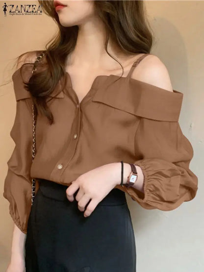 ZANZEA 2023 Fashion Shirts Women Sexy Off Shoulder Blouse Summer Casual Straps Button Tops Long Sleeve Pleated Solid Loose Tunic