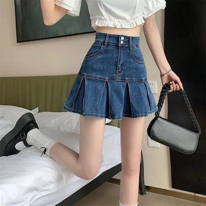 Vintage Blue Denim Pleated Skirt Women's Y2K High