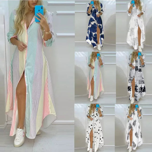 Women's Boho Printed Long Shirts Dress Turn-Down Collar