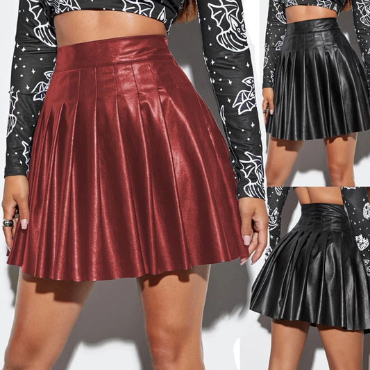 Women's Leather Miniskirt High Waist Pleated Circle Skirt Clubwear Fashion