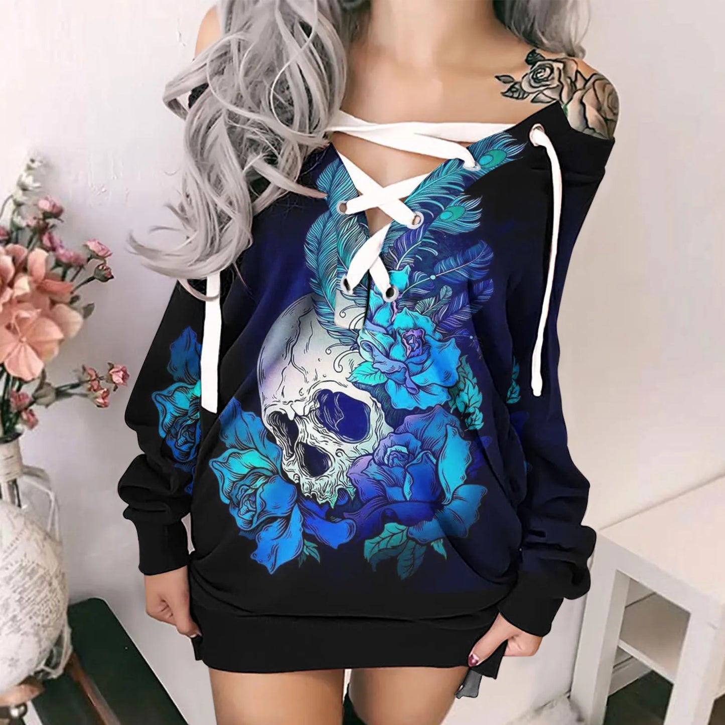 Hoodie Sweatshirt Dress - Gothic Skull Rose