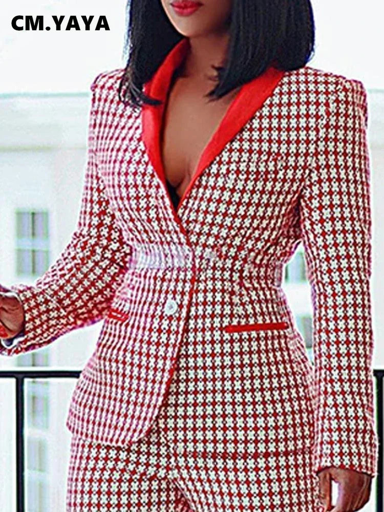 Elegant Houndstooth Blazer Suit - 2 Piece Autumn Winter