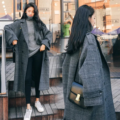 Women's Woolen Coat - Plaid Long Korean Style