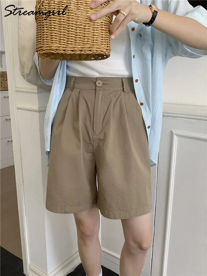 Wide Leg Shorts Women's Summer Cotton High Waist Office