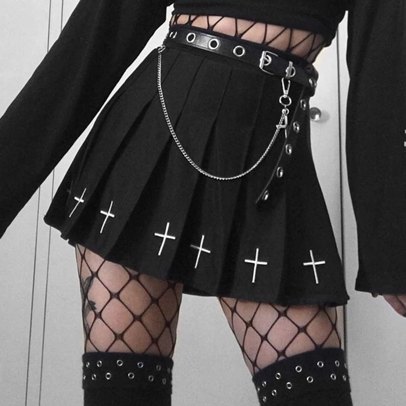 Waist Gothic Punk Mini Skirts Ladies Cross Pattern