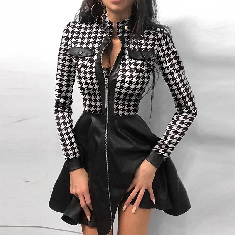 Sexy Lace Mesh Long Sleeve Dress - Patchwork Party Dress, PU Leather Mini Dress