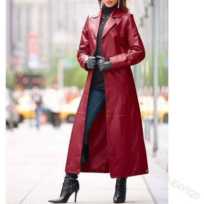 Women's Leather Coat - Button Long-Cut