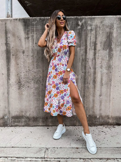 Summer Floral Print Dress Women's V Neck Side Slit Long Dress Elegant Short Sleeve