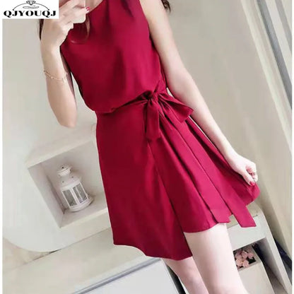 Sleeveless Lace Up Chiffon High Waisted Korean Version Dress Women 2024 Summer Short Dress