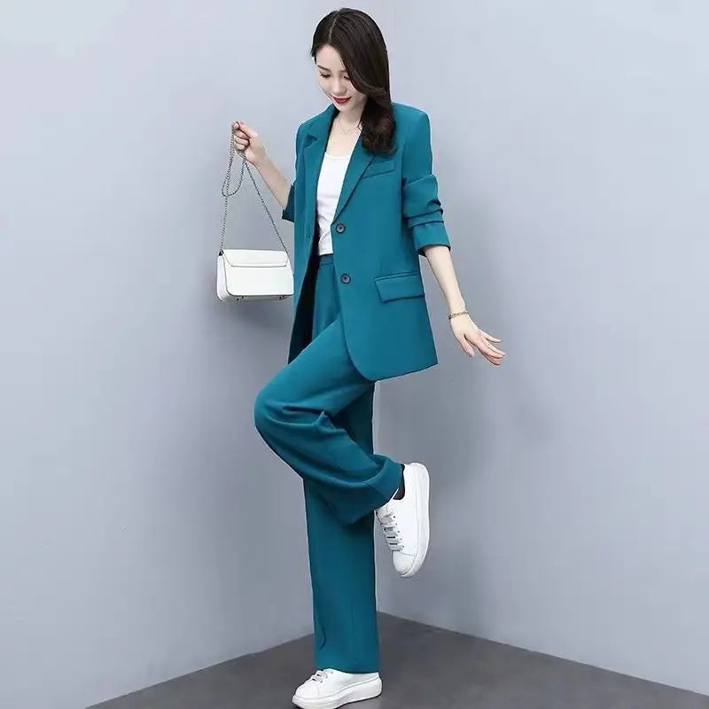 Spring Autumn Thin Women's Blazers Long Pants 2 Piece Set Korean Office Lady Casual Suit Jacket