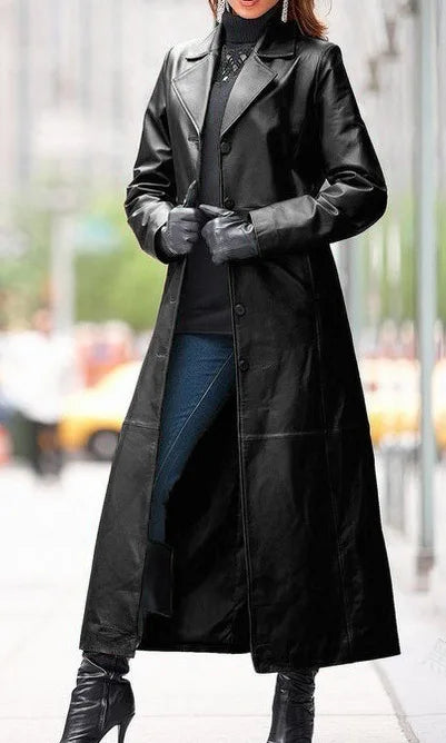 Women's Leather Coat - Button Long-Cut