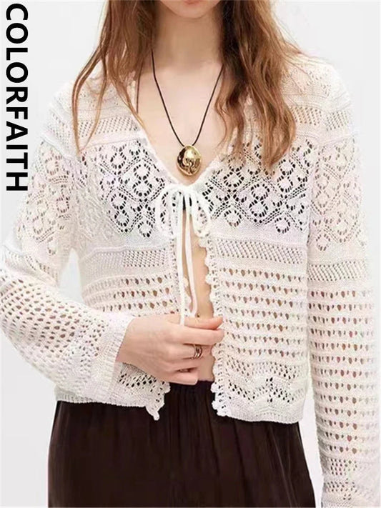 Colorfaith SWC6865JX New 2024 Lace Up Sexy Cutout Wild Korean Fashion Knitting Cardigans Women Autumn Winter Sweaters Short Tops