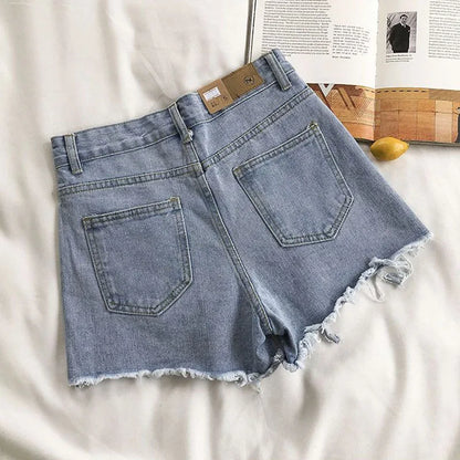 Summer Denim Shorts Ripped Holes High Waist Street Wide