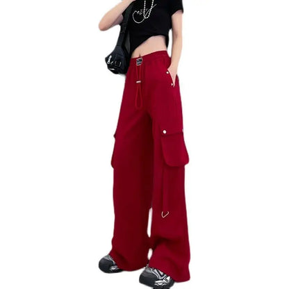 Hip Hop Fashion Women's Red Cargo Pants Streetwear Vintage