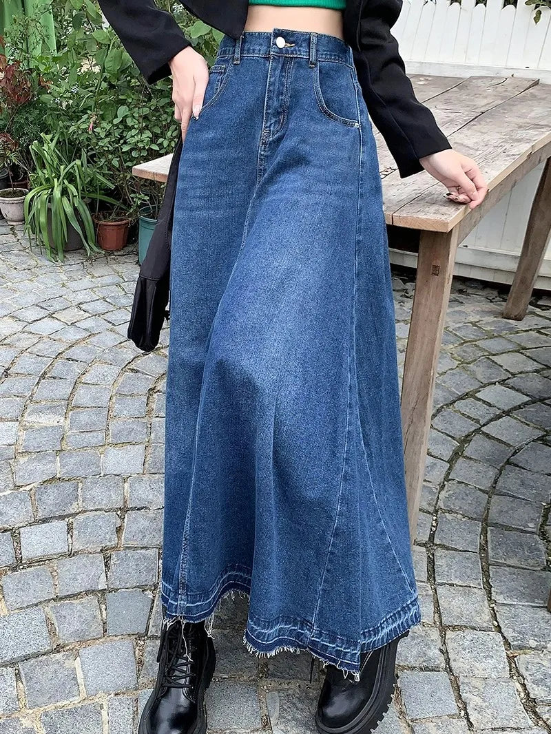 Zhisilao A-Line Long Denim Skirt Women's Vintage Casual Jeans