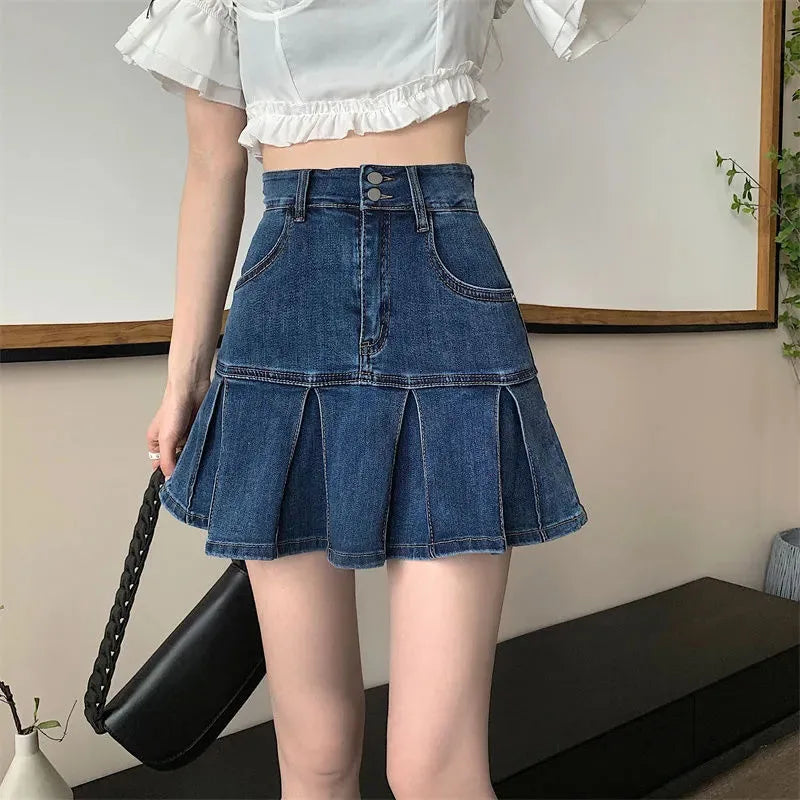 Vintage Blue Denim Pleated Skirt Women's Y2K High