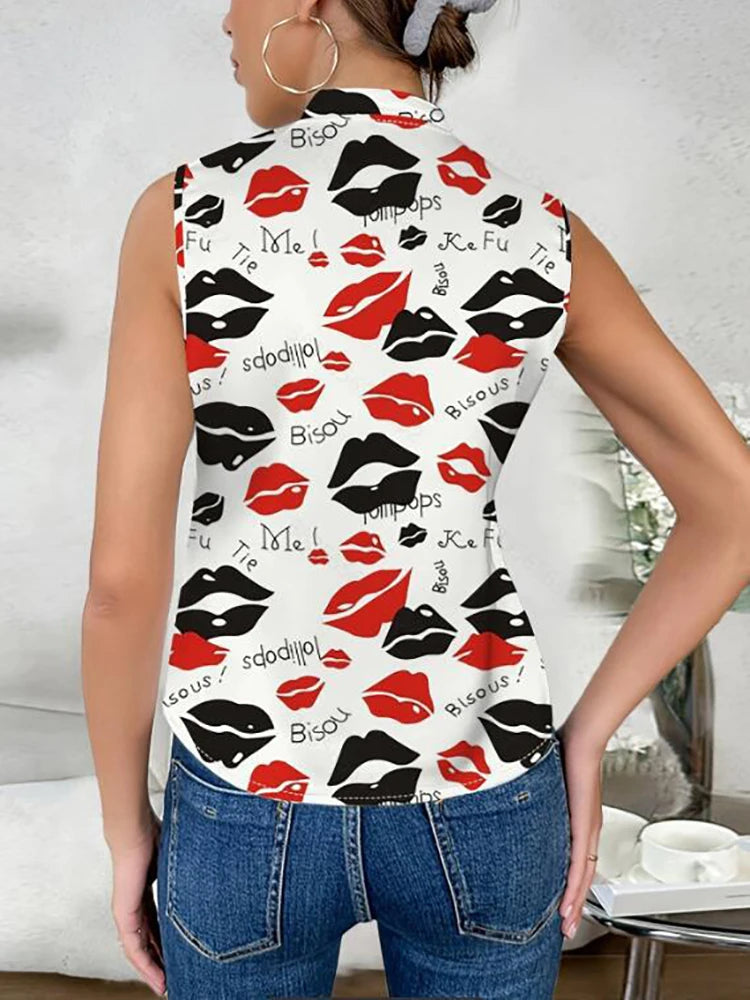 Women's Blouse White Shirts & Blouses Print Sleeveless Tops Loose V Neck Pulovers Summer Youthful Woman Clothes 2024 New