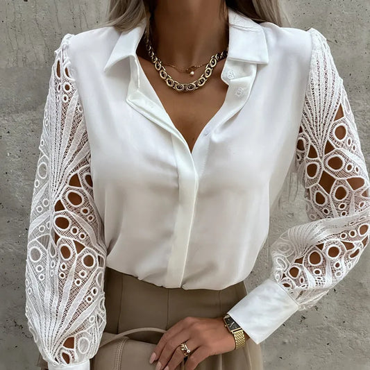 White Lace Patchwork Camisa Top Mujer Spring Summer Casual Long Sleeve Shirts For Women 2022 Vintage Hollow Out Button Blouses