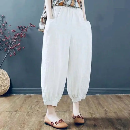 Women's Summer Loose Cotton Linen Pocket High Waist Harem Pants