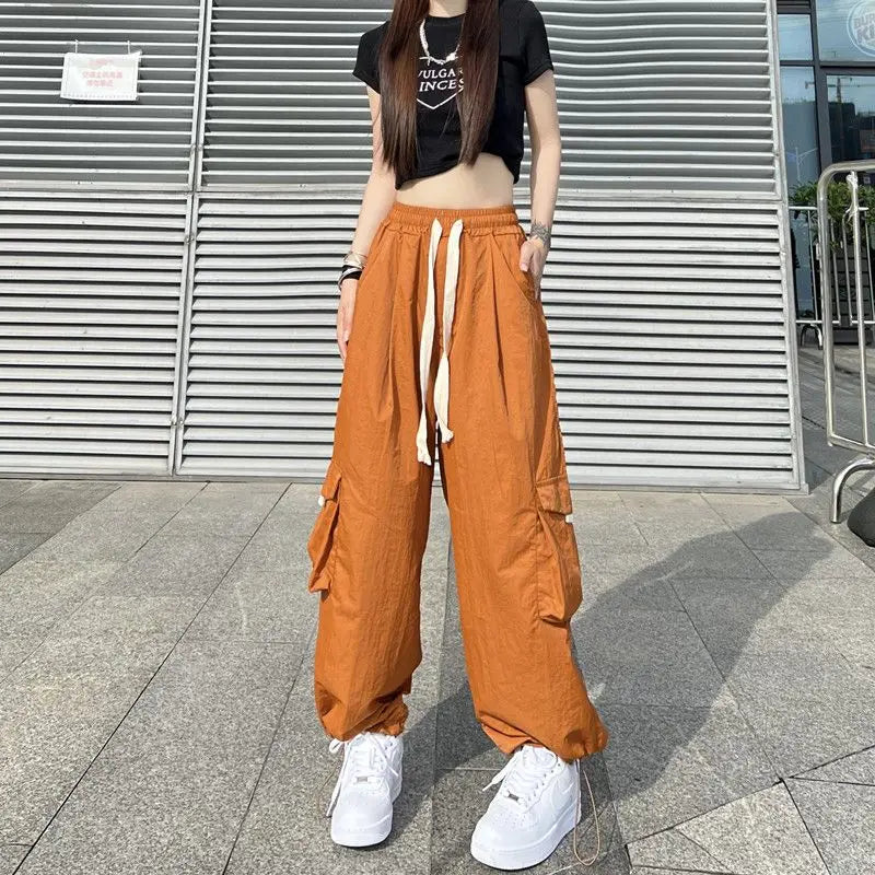 Streetwear Women's Oversize Solid Cargo Pants Elastic Waist Drawcord Loose Harajuku