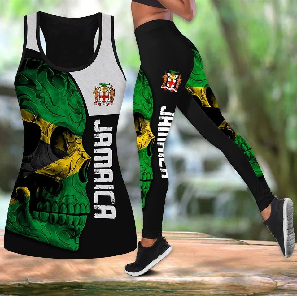 Cosmos Jamaica Lion Coat Arms Flag Printed Hollow Tank Leggings