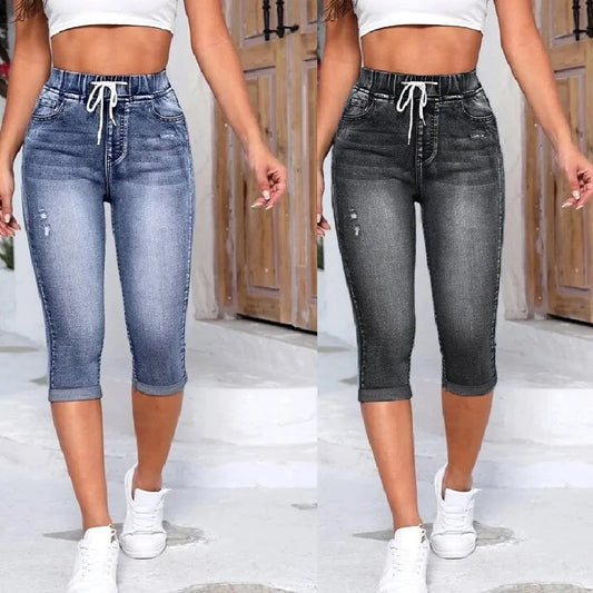 Women's Denim Jeans Shorts Drawstring High Waist Stretch