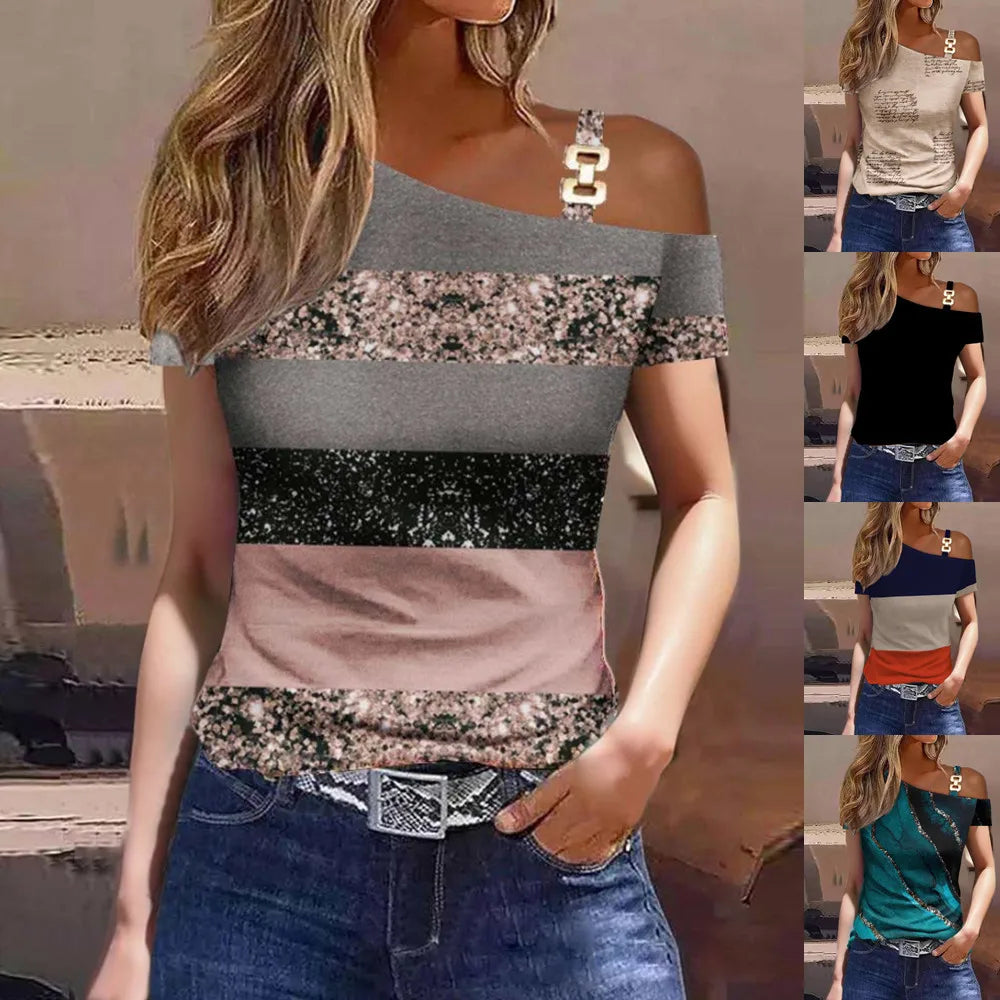 Women's Casual Tees Sexy Tops 2023 Summer Simple Short Sleeve Metal Button Print Cutout Off Shoulder T-shirt S-XXL