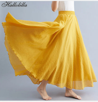 Fashion Solid Cotton Linen Women Skirts Maxi Elegant Harajuku Saia Casual Loose Long Skirt Ladies Clothes Faldas Ropa Mujer