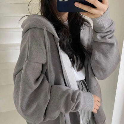 Women's Oversized Hoodie - Solid Color, Zip Up Pocket, Harajuku Style