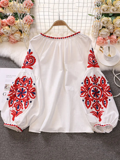 EWQ Sweet Style Women Pullover Shirts Embroidery Patchwork Bandage V-neck Lantern Sleeve Spring Summer 2023 New Blouse SN0452